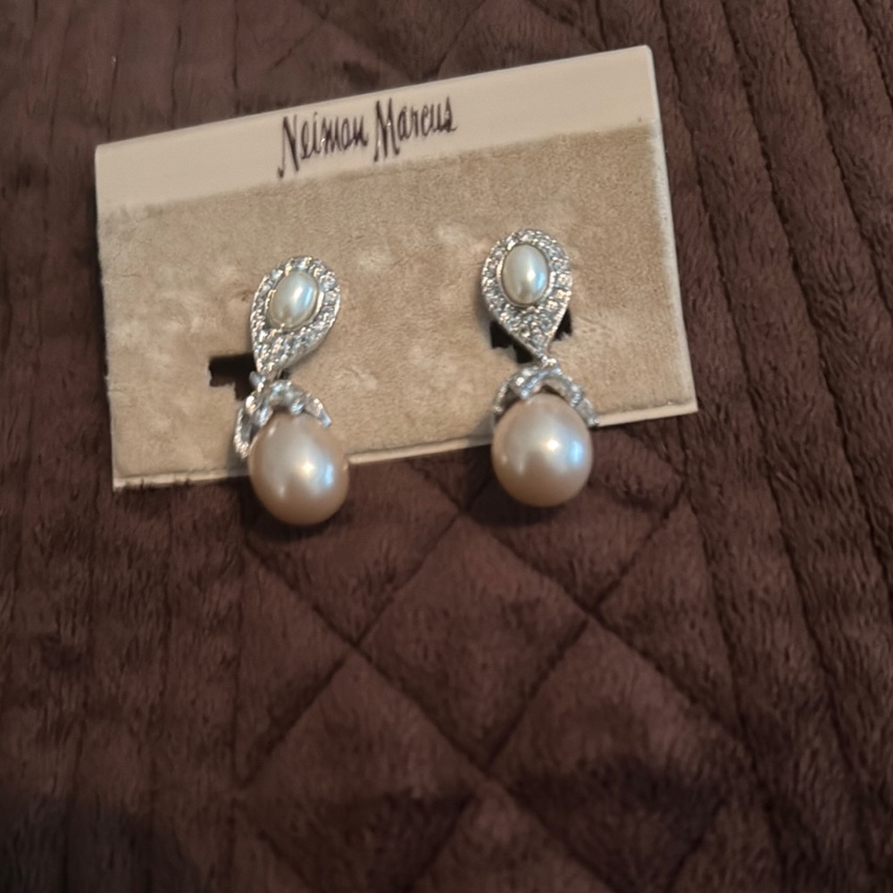 Neiman Marcus Silver Pearl Drop Earrings